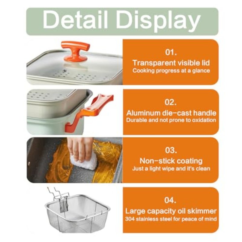 Deep Fryer Steamer Pot for home cooking, nonstick Maifan stone coating, black, easy-clean with 4.5L capacity, glass lid, metal steamer rack and stainless steel fry basket - Image 5