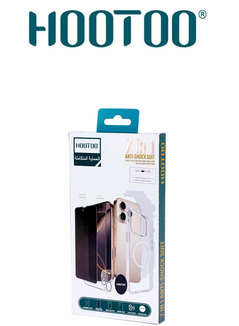 HooToo 7-in-1 Protection Package for iPhone 16 Pro Max, 7-Piece Protection Set Includes 2 Front nano Screen Protectors (Privacy Shield + HD Protection) + Durable Clear Shockproof Protective Case Supports Wireless Charging + Back Body Thermal Protection + Camera Lens Protection + Mounting Piece + Installation Tools. - Image 3