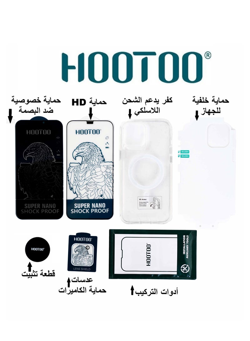 HooToo 7-in-1 Protection Package for iPhone 16 Pro Max, 7-Piece Protection Set Includes 2 Front nano Screen Protectors (Privacy Shield + HD Protection) + Durable Clear Shockproof Protective Case Supports Wireless Charging + Back Body Thermal Protection + Camera Lens Protection + Mounting Piece + Installation Tools. - Image 2