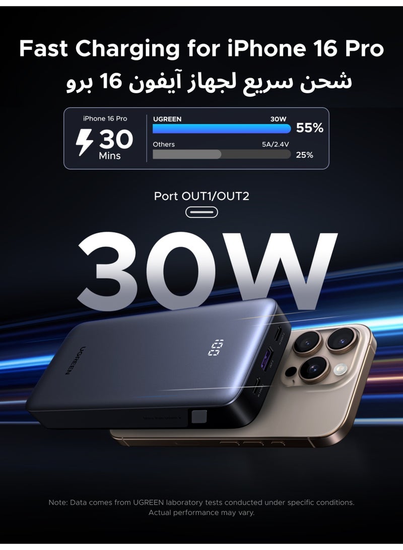 يو جرين باور بانك mAh10000،اثنين تايب سي + USB A واحد، مخرج ومدخل شحن سريع 30 وات، شاحن محمول، شهادة أمان، حزمة بطارية، شاشة LED، حجم محمول، متوافق مع سلسلة ايفون 17 والأجهزة اللوحية وسماعات الأذن - Image 5