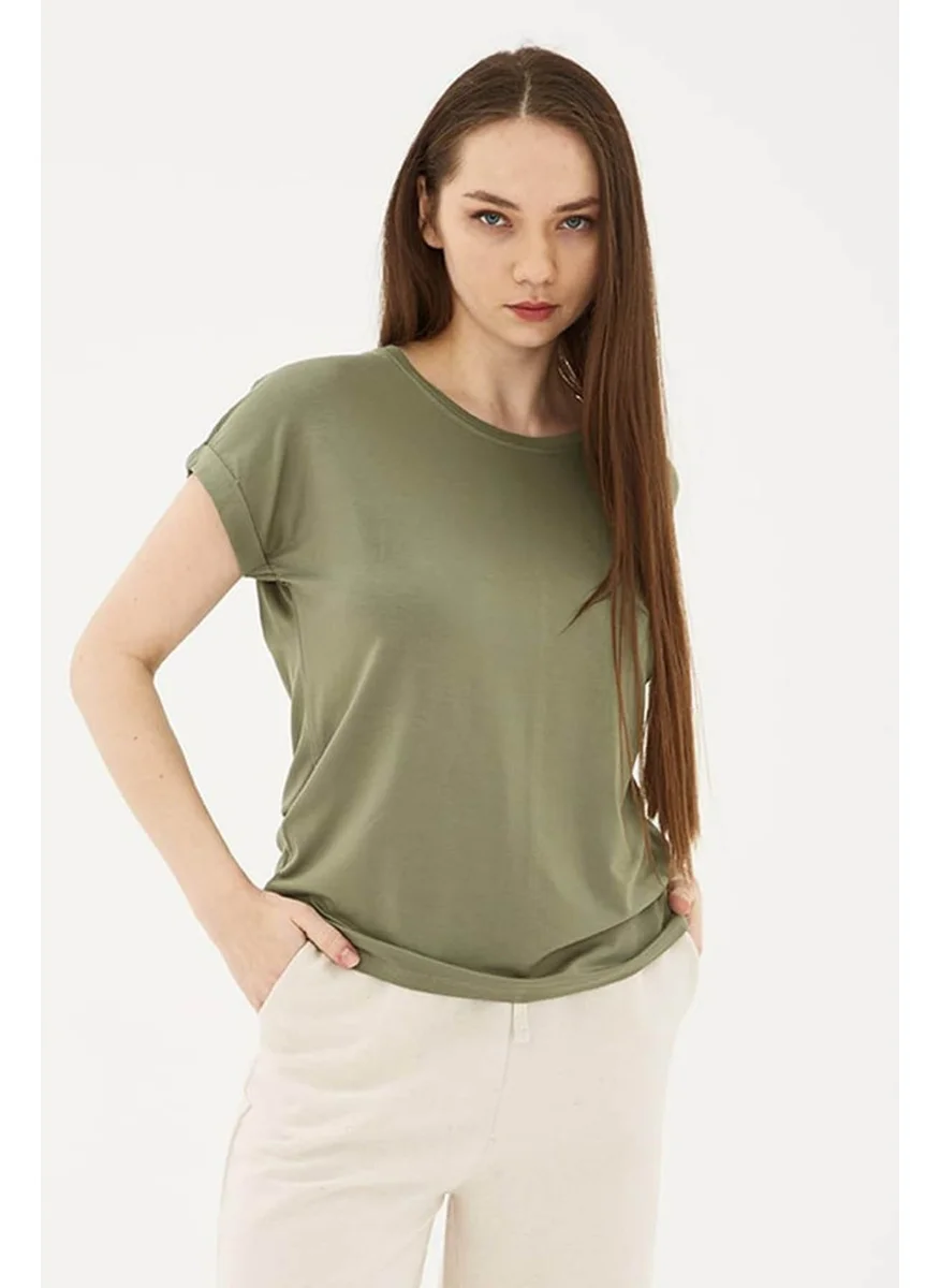 Fashion Friends Crew Neck Flowy Viscose Khaki Women's T-Shirt 25Y0194K1