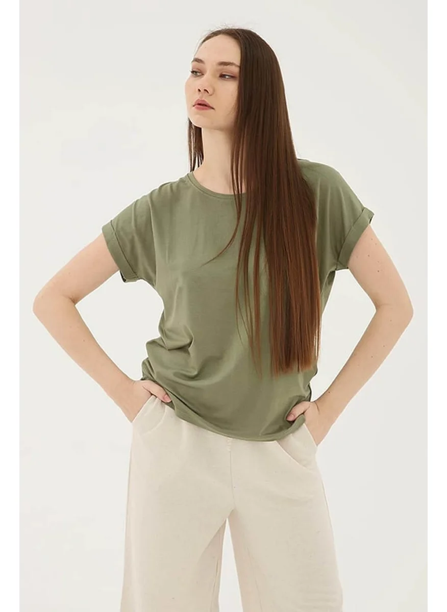Fashion Friends Crew Neck Flowy Viscose Khaki Women's T-Shirt 25Y0194K1