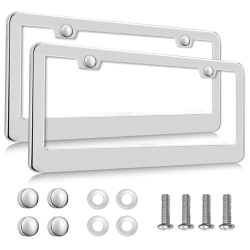 lengnoyp 2 Pack Silver License Plate Frames 2 Holes RustProof Chrome License Plate Holder Lengnoy Universal Car Stainless Steel Polish Mirror License Plate Cover for Women Man with Screws Caps - Image 1