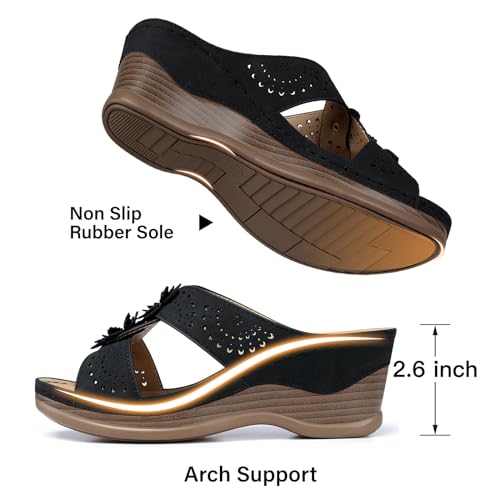 TEMOFON Womens Wedge Sandals Leather: Casual Dressy Women Black Summer Platform Wedge Sandals Slip on Low Heels Comfortable Walking Size 7 - Image 5