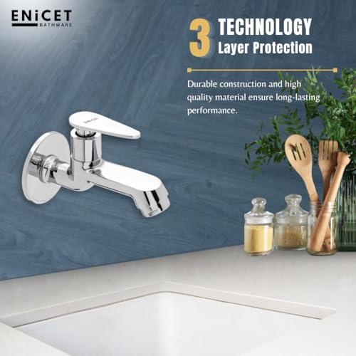 ENICET Brass Tap for Bathroom, with Wall Flange, Bib Cock Short Body, Chrome Finish, 7 Years Warranty, Foam Flow, Bathroom Taps for Home, Water Tap Wall Mounted (BG10101) (Brim Short Body 2 Unit) - Image 4