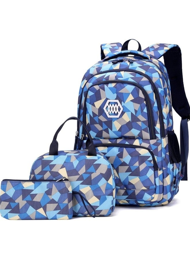 GGEROU 3Pcs School Bags,Children School Backpack,Geometric Print Backpack,School Bags for Teenagers,Large Capacity Backpack,Waterproof Backpacks,3 in 1 School Bag,Lunch Bag and Pencil Case (Blue) - Image 1