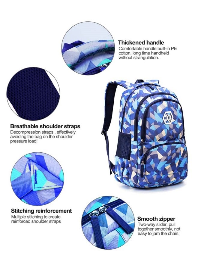 GGEROU 3Pcs School Bags,Children School Backpack,Geometric Print Backpack,School Bags for Teenagers,Large Capacity Backpack,Waterproof Backpacks,3 in 1 School Bag,Lunch Bag and Pencil Case (Blue) - Image 4