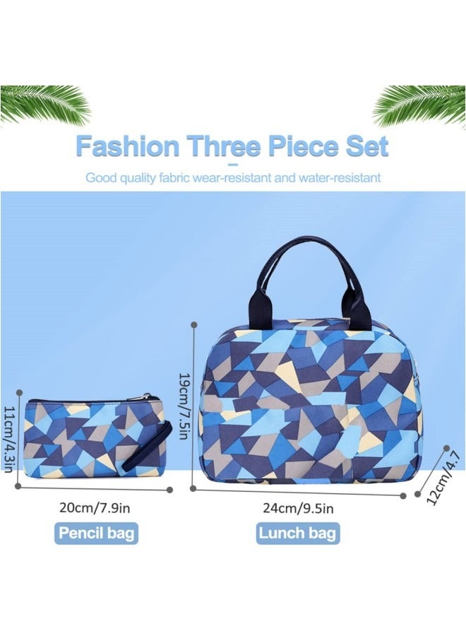 GGEROU 3Pcs School Bags,Children School Backpack,Geometric Print Backpack,School Bags for Teenagers,Large Capacity Backpack,Waterproof Backpacks,3 in 1 School Bag,Lunch Bag and Pencil Case (Blue) - Image 3