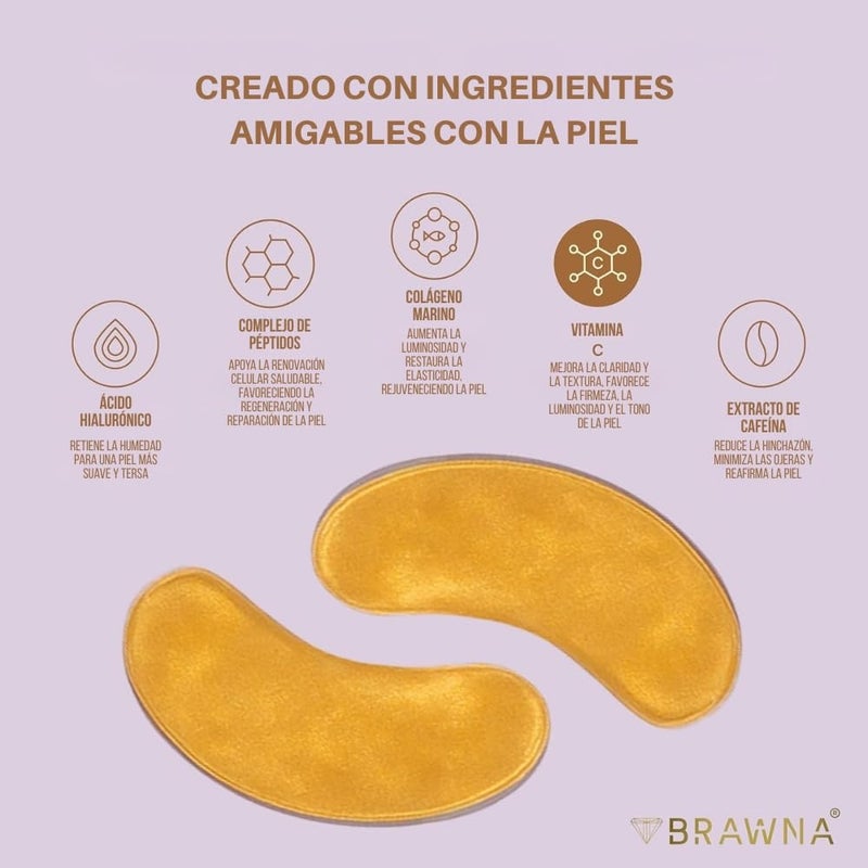 BRAWNA UnderEye Patches â€“ Hydrogel Masks with Vitamin C, Caffeine & Collagen â€“ For Dark Circles, Puffy Eyes, Wrinkles & Tired Skin â€“ 24K Gold Skincare â€“ 24 Pairs - Image 3