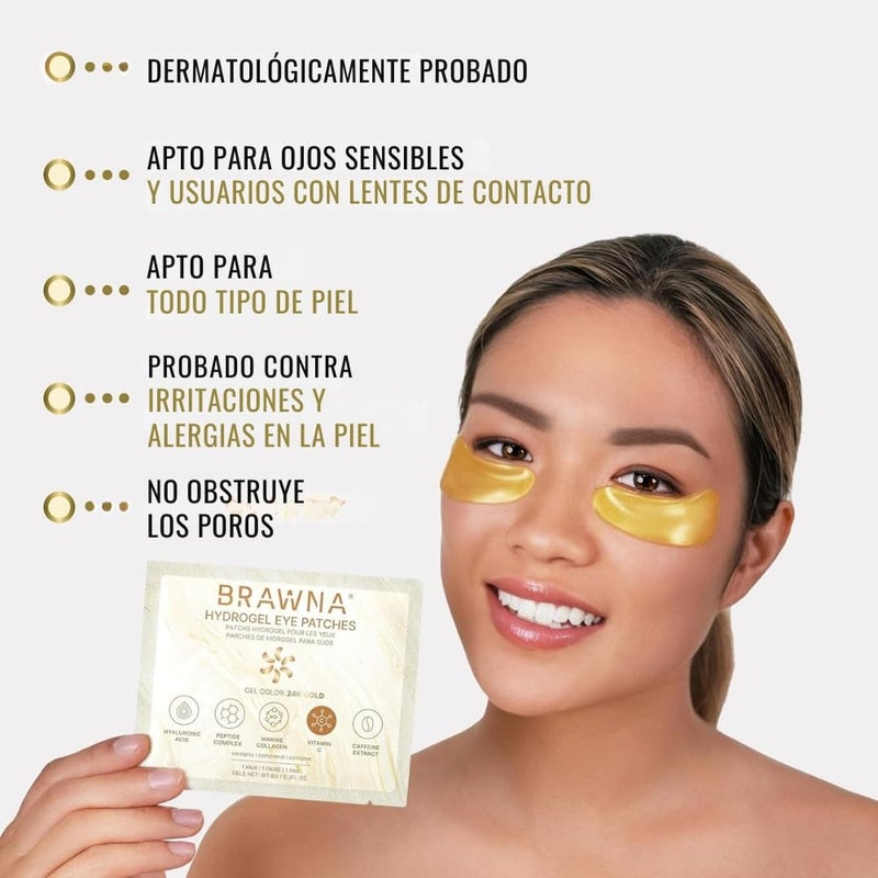 BRAWNA UnderEye Patches â€“ Hydrogel Masks with Vitamin C, Caffeine & Collagen â€“ For Dark Circles, Puffy Eyes, Wrinkles & Tired Skin â€“ 24K Gold Skincare â€“ 24 Pairs - Image 5