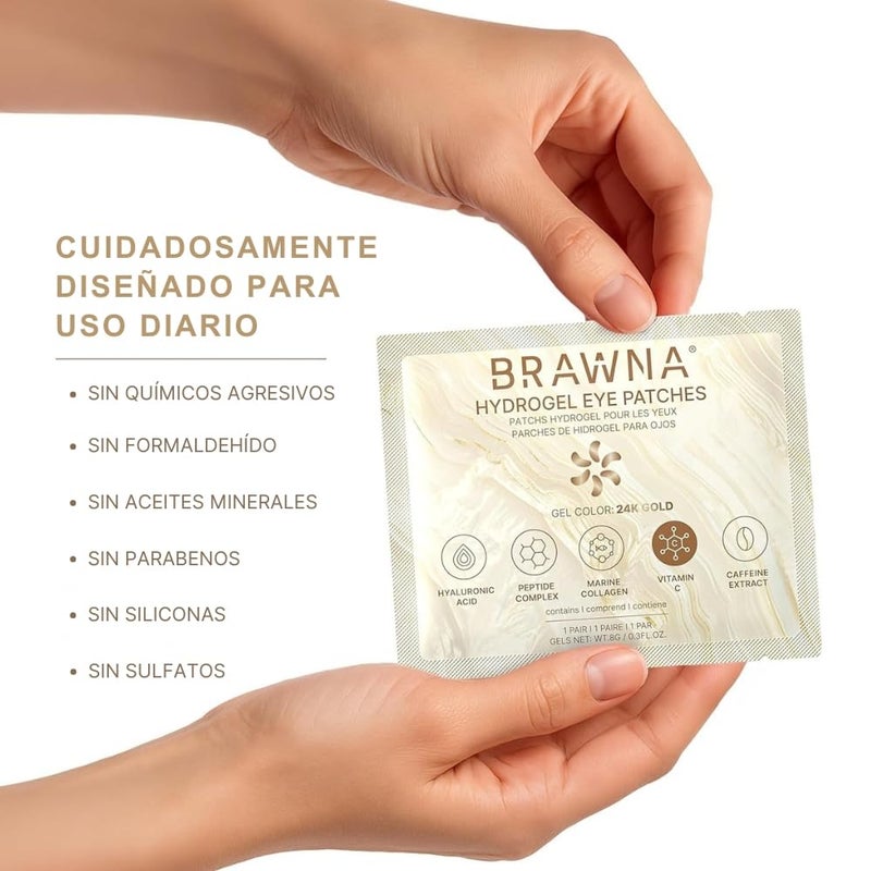 BRAWNA UnderEye Patches â€“ Hydrogel Masks with Vitamin C, Caffeine & Collagen â€“ For Dark Circles, Puffy Eyes, Wrinkles & Tired Skin â€“ 24K Gold Skincare â€“ 24 Pairs - Image 4