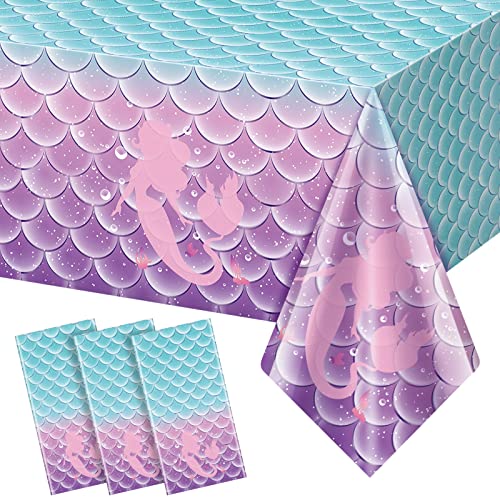 Jectivs 3Pcs Mermaid Birthday Party Tablecloth DecorationsDisposable Plastic Table Cover for Princess Under The Sea Baby Shower Themed Kids Birthday Party Supplies108x54 Inch - Image 1