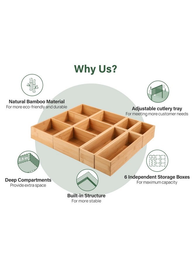 Kootek 6 Pcs Bamboo Drawer Organizer, Kitchen Utensils Storage Boxes 3-Size with Removable Dividers Multi-Use for Gadget, Makeup, Bathroom, Office - Image 4