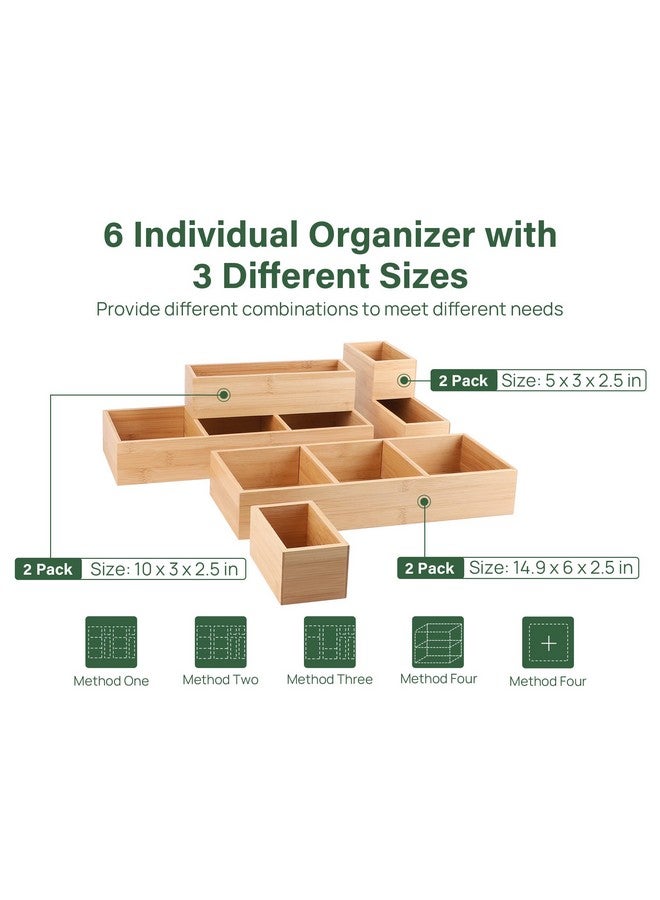 Kootek 6 Pcs Bamboo Drawer Organizer, Kitchen Utensils Storage Boxes 3-Size with Removable Dividers Multi-Use for Gadget, Makeup, Bathroom, Office - Image 2