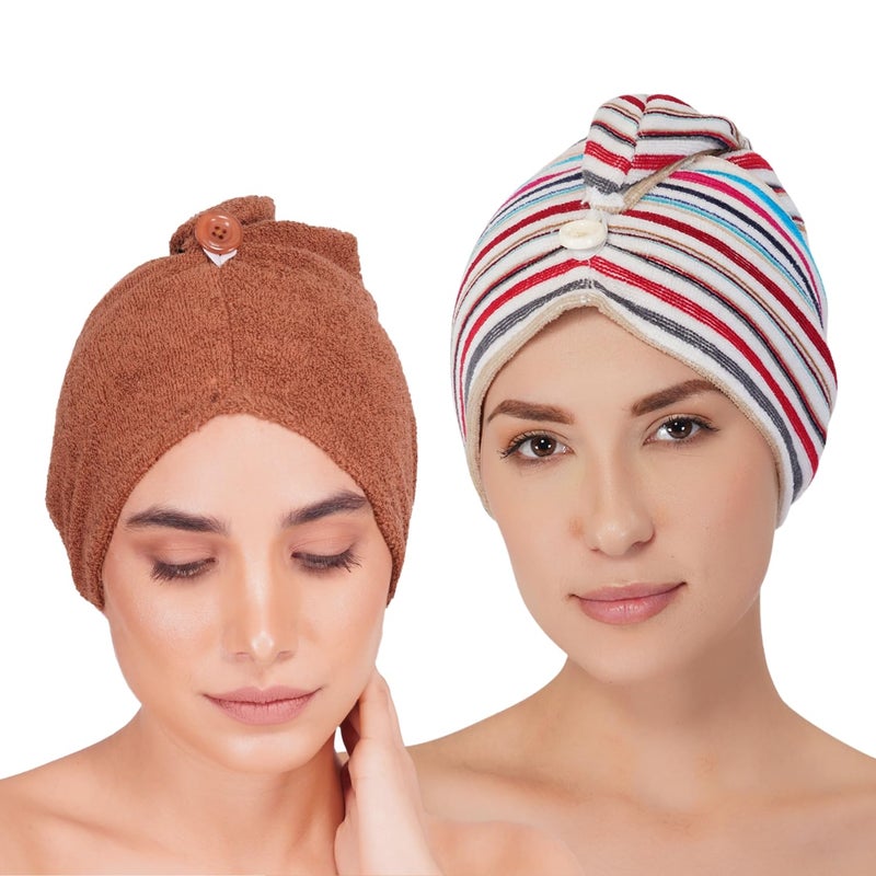 Rangoli 100% Cotton Hair Towel Wrap for Women, 360 GSM - Ultra-Soft and Super Absorbent Hair Dryer Towel, Brown and Multi Pack of 2 - Image 1