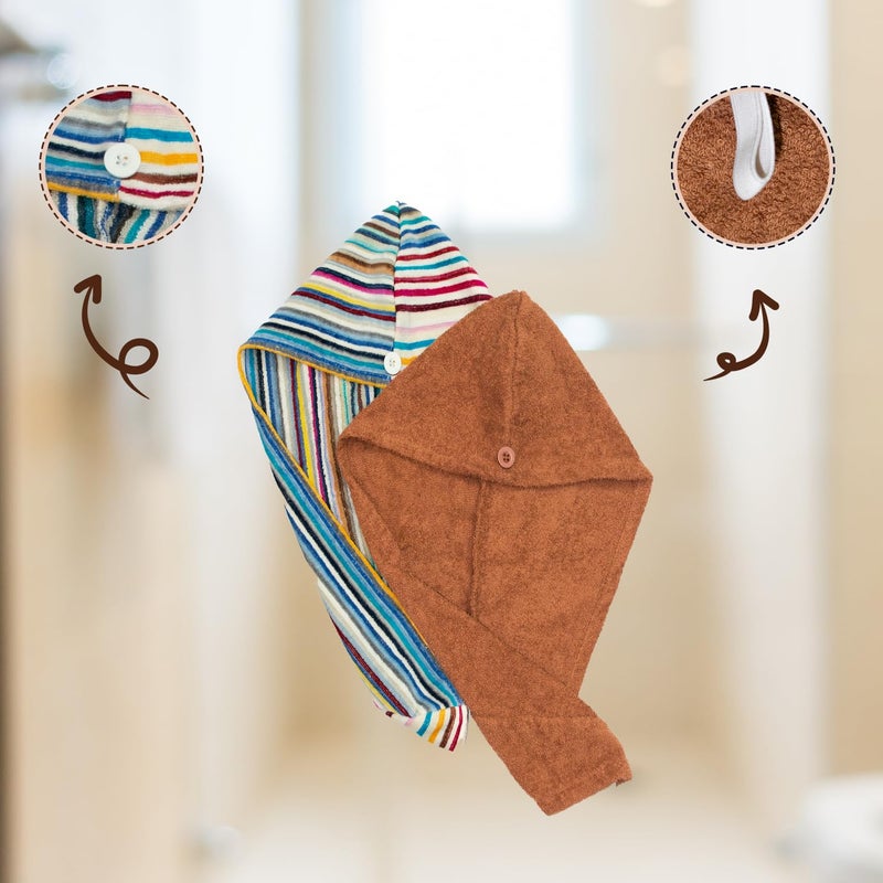 Rangoli 100% Cotton Hair Towel Wrap for Women, 360 GSM - Ultra-Soft and Super Absorbent Hair Dryer Towel, Brown and Multi Pack of 2 - Image 4