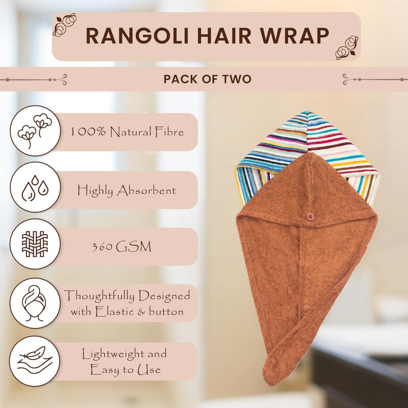 Rangoli 100% Cotton Hair Towel Wrap for Women, 360 GSM - Ultra-Soft and Super Absorbent Hair Dryer Towel, Brown and Multi Pack of 2 - Image 2
