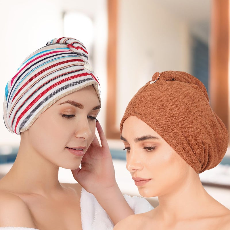 Rangoli 100% Cotton Hair Towel Wrap for Women, 360 GSM - Ultra-Soft and Super Absorbent Hair Dryer Towel, Brown and Multi Pack of 2 - Image 3
