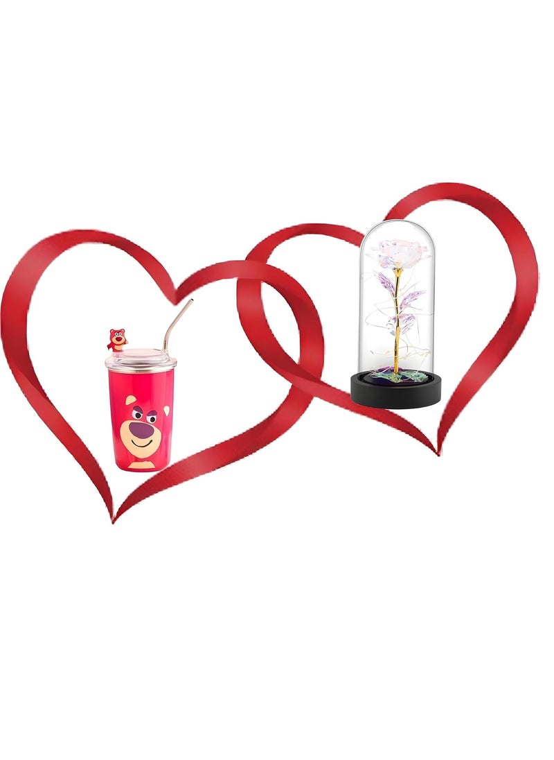 Whitecloud TRANSFORMING HOMES Whitecloud TRANSFORMING HOMES Romantic Gift Rose in Glass Dome with Fairy Lights Cute Love Cartoon Insulated Cup Anniversary Birthday Valentines Day Gift for Girlfriend Wife Women RDL189IT657  - Image 1