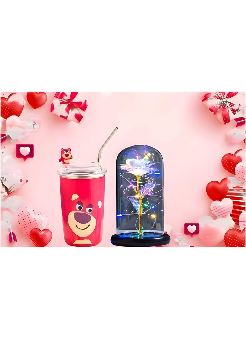 Whitecloud TRANSFORMING HOMES Whitecloud TRANSFORMING HOMES Romantic Gift Rose in Glass Dome with Fairy Lights Cute Love Cartoon Insulated Cup Anniversary Birthday Valentines Day Gift for Girlfriend Wife Women RDL189IT657  - Image 3