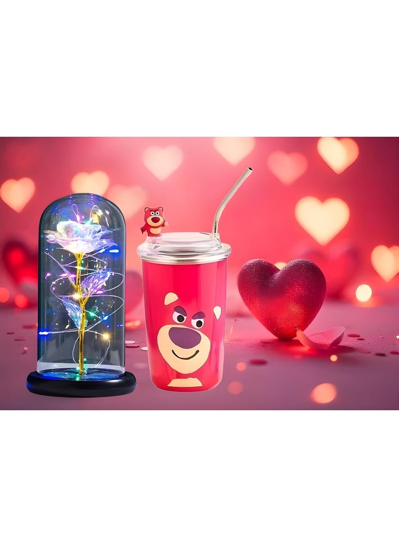 Whitecloud TRANSFORMING HOMES Whitecloud TRANSFORMING HOMES Romantic Gift Rose in Glass Dome with Fairy Lights Cute Love Cartoon Insulated Cup Anniversary Birthday Valentines Day Gift for Girlfriend Wife Women RDL189IT657  - Image 4