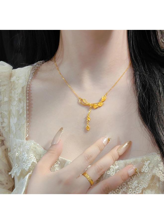 New Chinese Style Real Gold Electroplated Lotus Fan Necklace Fashionable Elegant Clavicle Chain Retro Light Luxury High-end Necklace For Women 