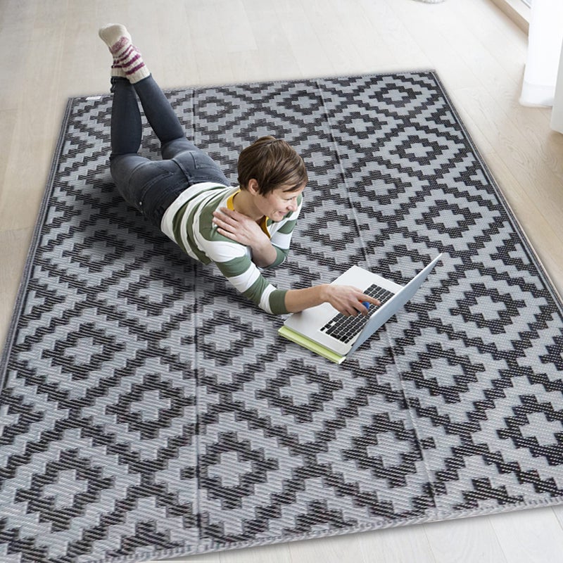 SAND MINE Waterproof Outdoor Rug 4x6 ft, Reversible Mats, Modern Area Rug, Large Floor Mat and Rug for Outdoors, RV, Patio, Backyard, Deck, Picnic, Beach, Trailer, Camping, Black & Grey Lattice - Image 1