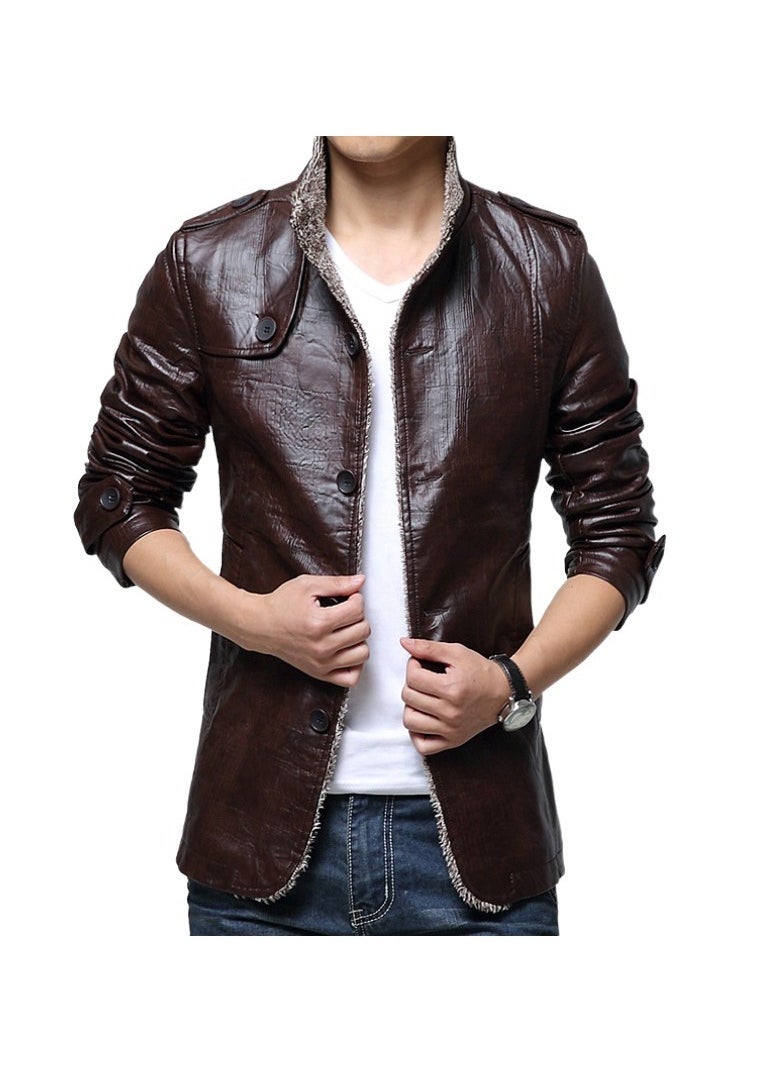 Loquat - Men's Winter Lapel Leather Jacket Brown - Image 1