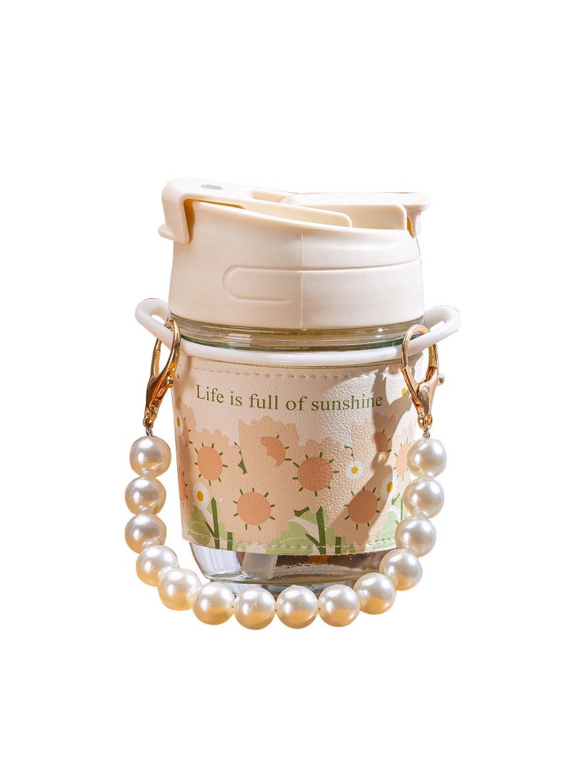 High Value Pearl Cup, with Tote Chain Double Drink Straw and Sleeve, for Summer Girls Coffee Water Cup, Tulip Glass Water Cup  - Image 1