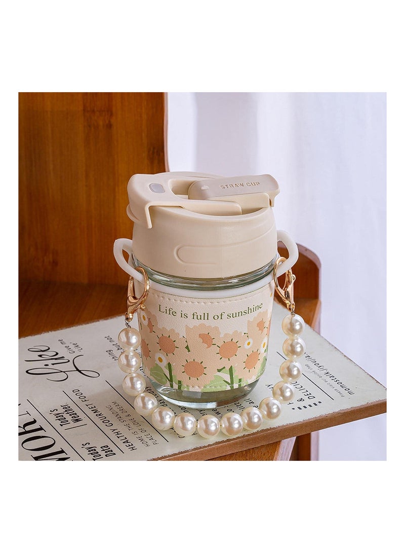 High Value Pearl Cup, with Tote Chain Double Drink Straw and Sleeve, for Summer Girls Coffee Water Cup, Tulip Glass Water Cup  - Image 3