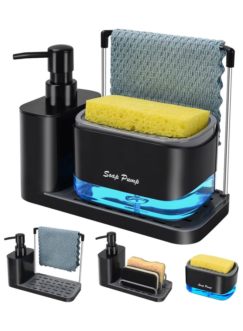 Hand & Dish Soap Dispenser Set with Tray, Dual Soap Dispenser with Sponge Holder & Dishcloth Holder 5-in-1 Organizer Kitchen Sink Countertop Storage Organize - Useful Kitchen Gadgets (Black) - Image 1