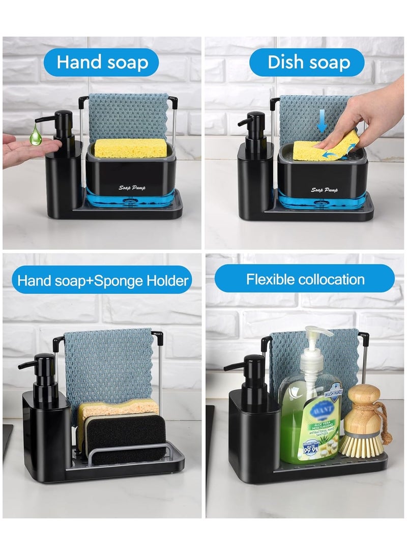 Hand & Dish Soap Dispenser Set with Tray, Dual Soap Dispenser with Sponge Holder & Dishcloth Holder 5-in-1 Organizer Kitchen Sink Countertop Storage Organize - Useful Kitchen Gadgets (Black) - Image 2