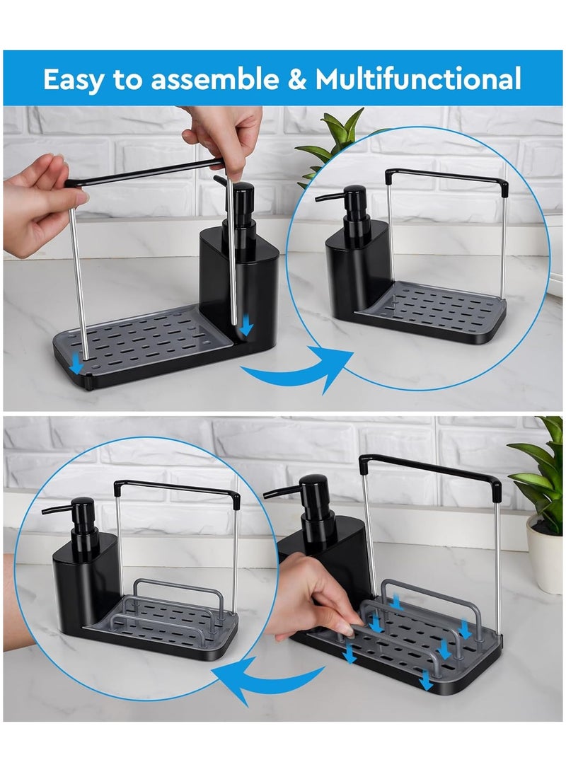 Hand & Dish Soap Dispenser Set with Tray, Dual Soap Dispenser with Sponge Holder & Dishcloth Holder 5-in-1 Organizer Kitchen Sink Countertop Storage Organize - Useful Kitchen Gadgets (Black) - Image 3