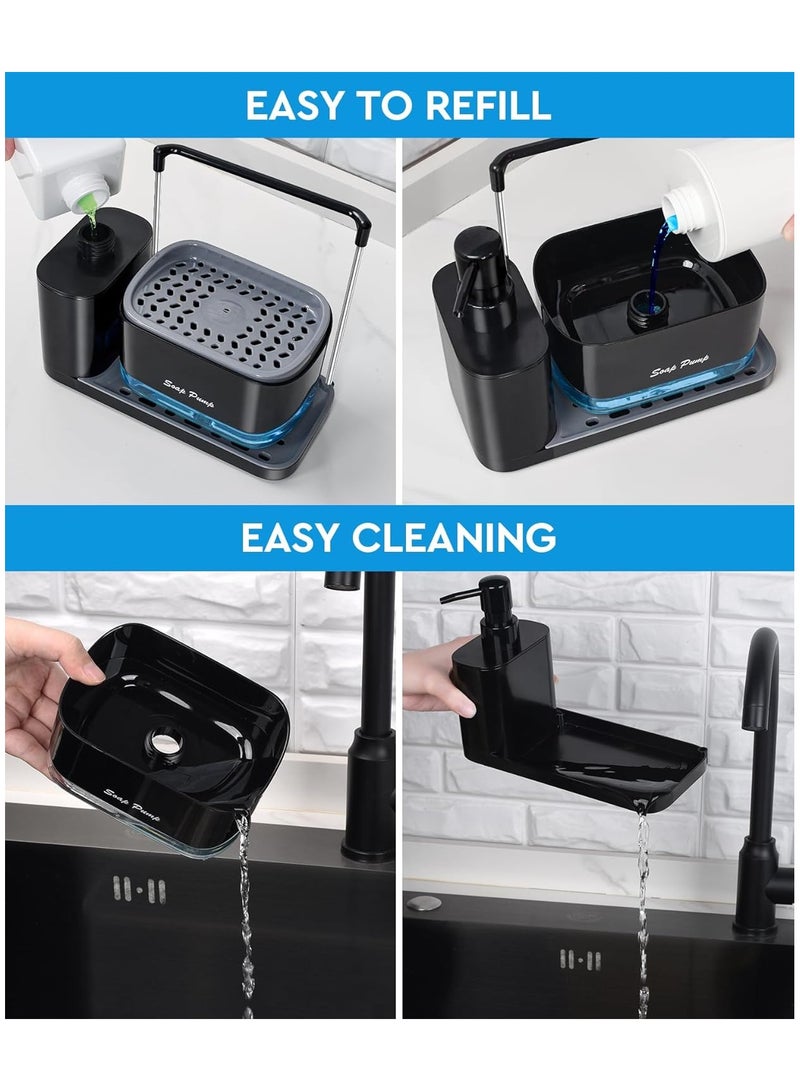 Hand & Dish Soap Dispenser Set with Tray, Dual Soap Dispenser with Sponge Holder & Dishcloth Holder 5-in-1 Organizer Kitchen Sink Countertop Storage Organize - Useful Kitchen Gadgets (Black) - Image 4