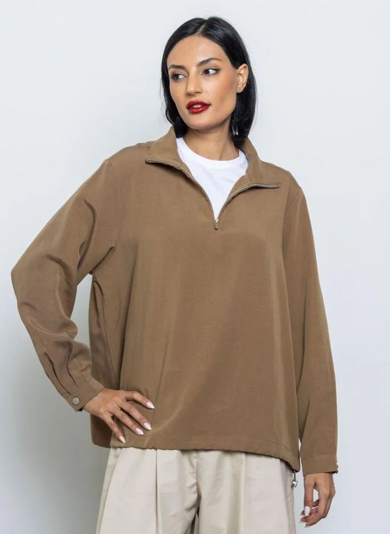 Camel Half-Zip Relaxed Fit Top