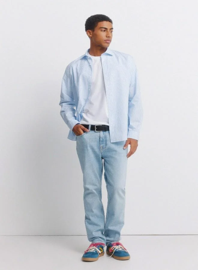 Springfield Striped long sleeve 100% cotton poplin dress shirt with tonal tree embroidery and mother-of-pearl button