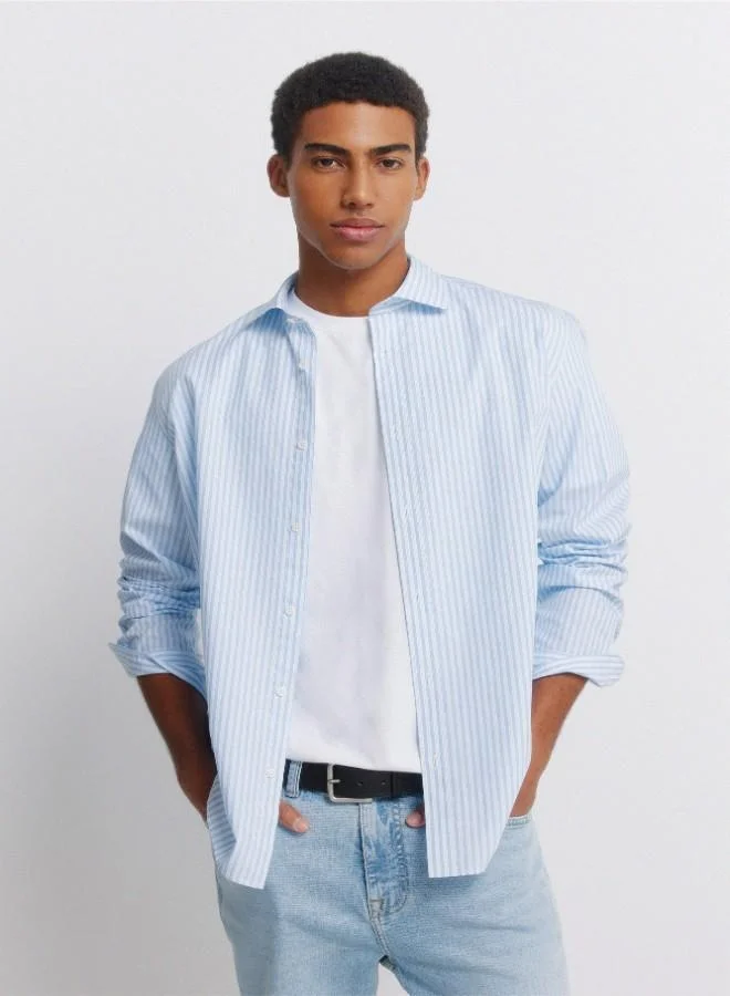 Springfield Striped long sleeve 100% cotton poplin dress shirt with tonal tree embroidery and mother-of-pearl button