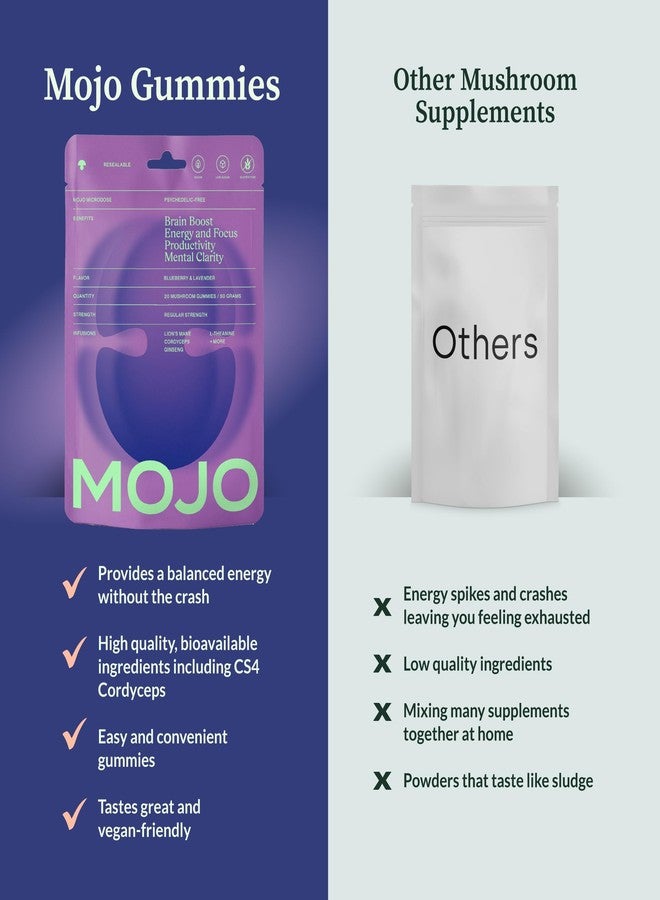 موجو علكات موجو فوكس مع عرف الأسد، والجنسنغ الباناكس، وجذر الزنجبيل، والكورديسيبس، مكمل غذائي للدماغ، دعم الذاكرة/التركيز، علكات فطر منشط للدماغ للبالغين، توت أزرق وخزامى، قوة عادية (عبوة من قطعتين) - Image 2