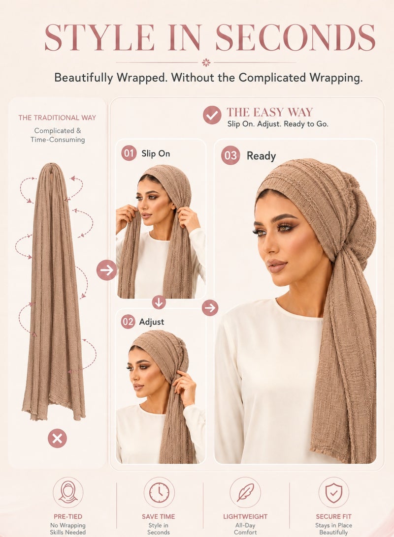 MAGNISHAN Pre‑Tied Instant Crinkle Hijab for Women, Ready‑to‑Wear Textured Head Wrap Turban, Soft Breathable Long Tail Muslim Headscarf for Daily Prayer Travel - Image 2