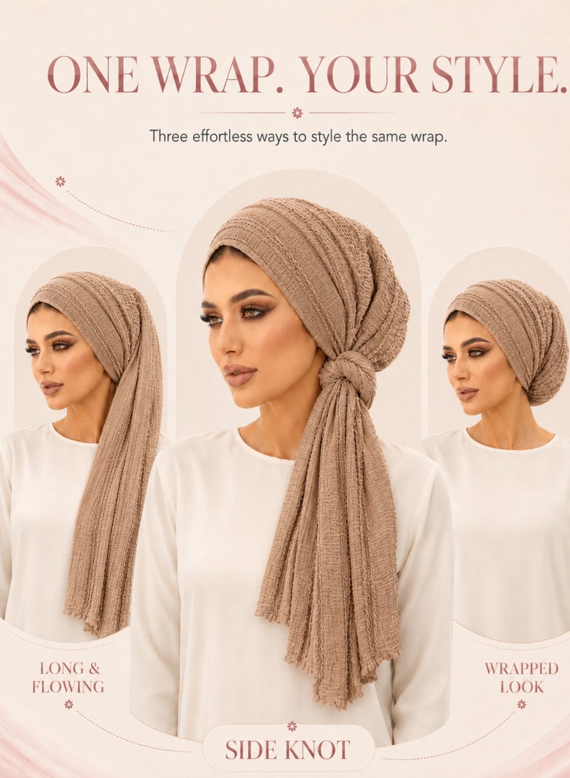 MAGNISHAN Pre‑Tied Instant Crinkle Hijab for Women, Ready‑to‑Wear Textured Head Wrap Turban, Soft Breathable Long Tail Muslim Headscarf for Daily Prayer Travel - Image 4