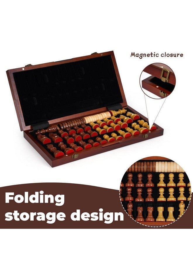 Agirlgle 15 inch Chess Set for Adults & Kids,Folding Chess & Checkers Set Travel Portable Wooden Chess Board Staunton Acrylic Chess Pieces /24 Wooden Checkers/ 2 Extra Queens / 2 in 1 Board Game - Image 3