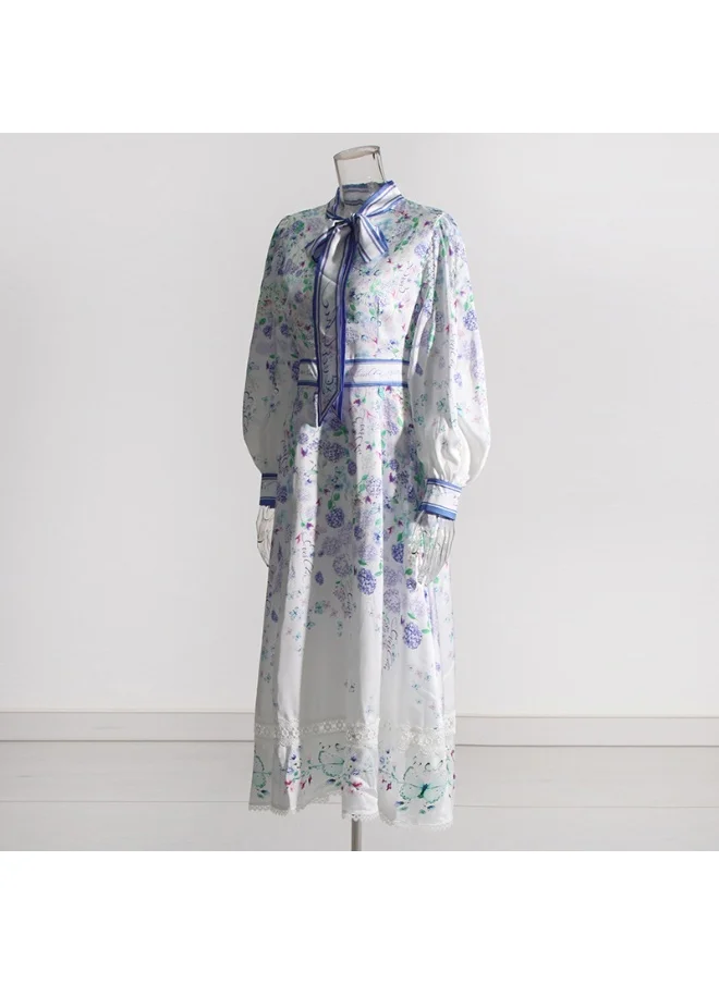 Madam Uniq French Vintage Elegant Long Dress with Stand Collar, Bow Tie, Lantern Sleeves, and High Waist for Women