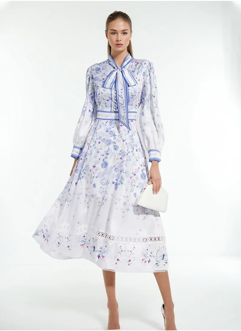 Madam Uniq French Vintage Elegant Long Dress with Stand Collar, Bow Tie, Lantern Sleeves, and High Waist for Women