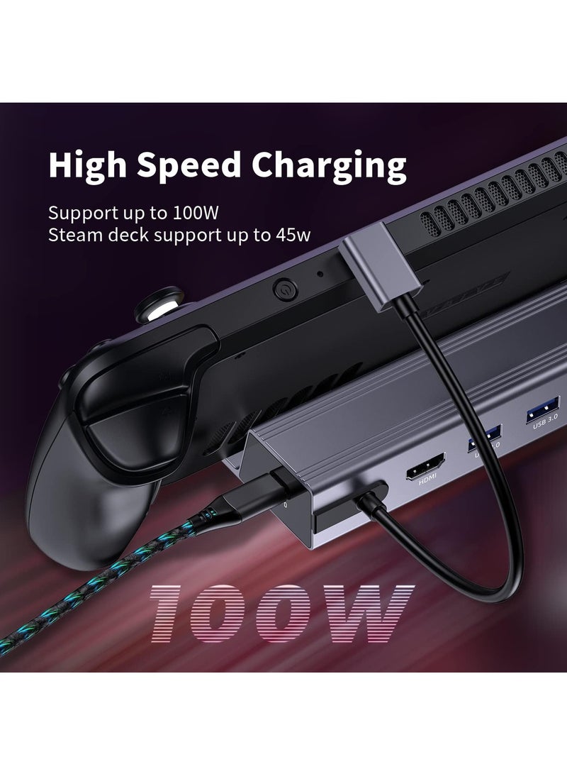محطة الوصل، محطة وصل 6 في 1 مع HDMI 2.0 4K@60Hz، إيثرنت جيجابت، 3 منافذ USB 3.0 ومنفذ شحن USB C بقوة 100 واط لجهاز Steam Deck و Asus Rog Ally - Image 3