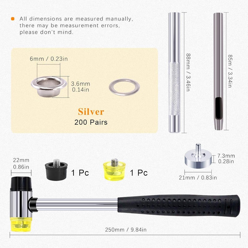 Rustark 200 Sets 1/4 Inch Silver Grommet Assortment Kit with 4 Pcs Setting Install Tool, 6mm Metal Eyelets Set in Storage Box for Clothes Shoes Bag Paper Leather Crafts DIY Projects (Silver) - Image 2