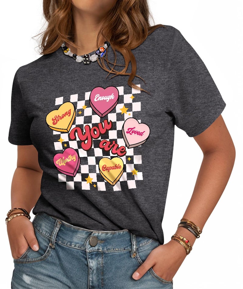 JMHACHY Valentines T-Shirt for Women - Funny Positive Affirmation Design Graphic Shirt, Grey Casual Tee Soft Cotton Crewneck Sleeve Top Print Tops, 2XL - Image 1