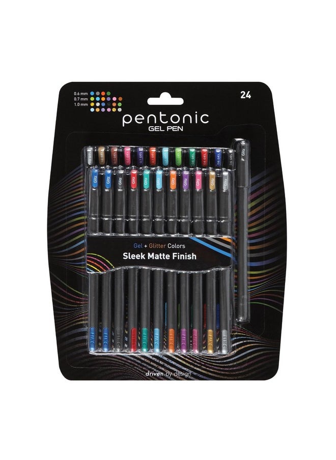Pentonic Gel Pens, 24 Count, Mixed Pack (12 Assorted Color Pens, 12 Glitter Pens), Medium & Fine Point, Smooth Writing For Journaling (1002355)  - Image 1