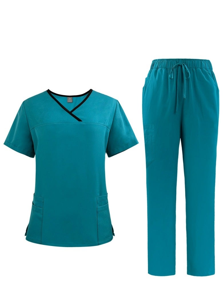 Loquat Womens Medical Uniform Scrubs 2 Piece Set V-Neck Top and Elastic Waist Straight Pants Suit Lake Blue - Image 1