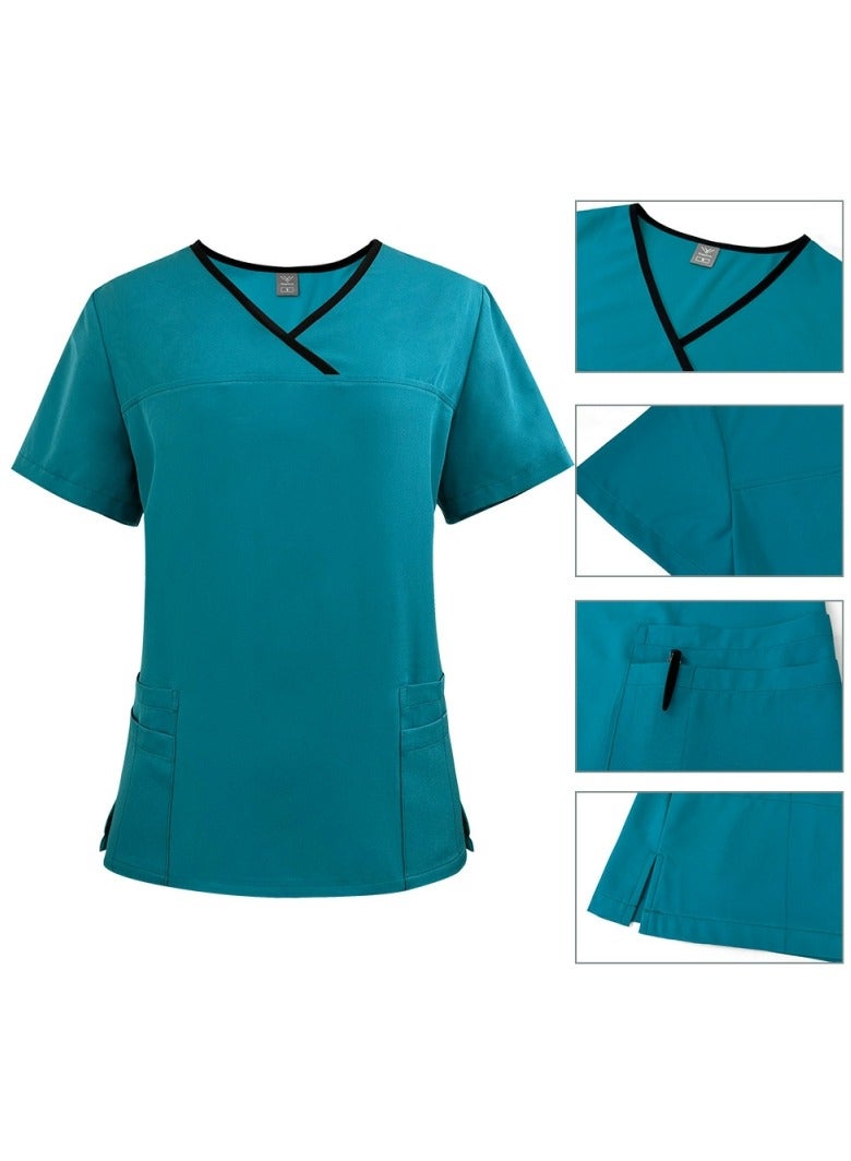 Loquat Womens Medical Uniform Scrubs 2 Piece Set V-Neck Top and Elastic Waist Straight Pants Suit Lake Blue - Image 2