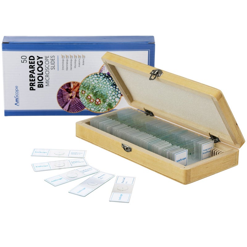 AmScope AmScope PS50A Prepared Microscope Slide Set for Basic Biological Science Education 50 Biology and Pathology Slides Includes Fitted Wooden Case  - Image 1